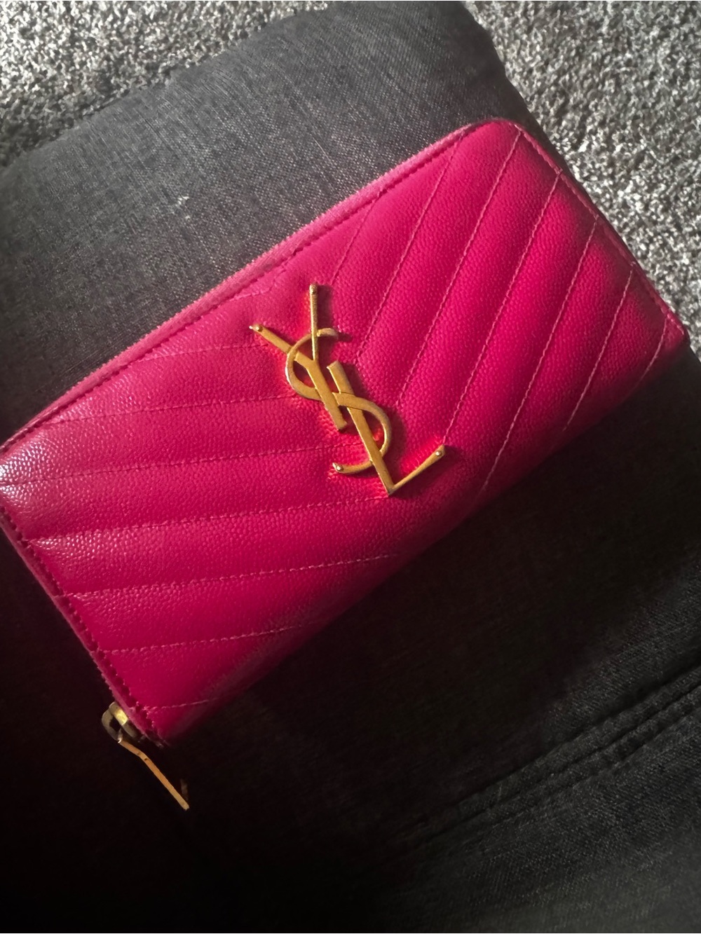 Saint Laurent Hot Pink Quilted Zip Wallet with Gold YSL Emblem